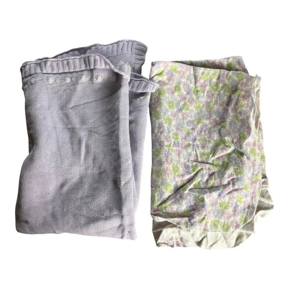 2pc Baby‎ Blanket OS Purple Floral Knit Cottagecore Lightweight
